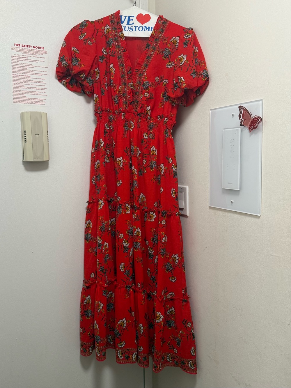 Max Studio Red Floral V-Neck Maxi Dress with Short Balloon Sleeves, Small
